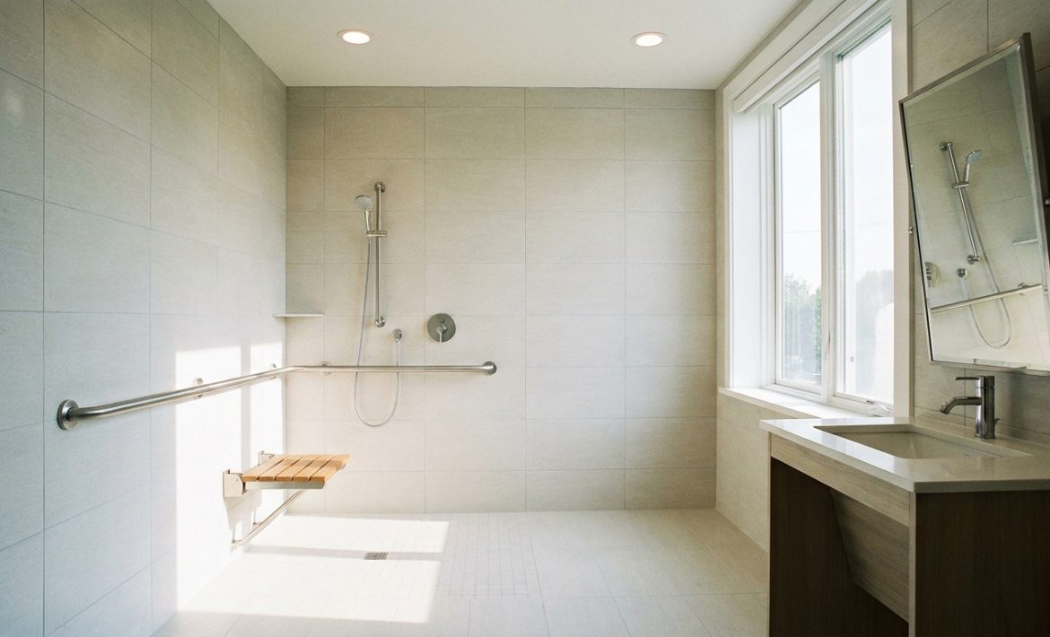Salle de bain accessible senior, douche de plain-pied avec barre d'appui et siège, carrelage clair, lumineuse