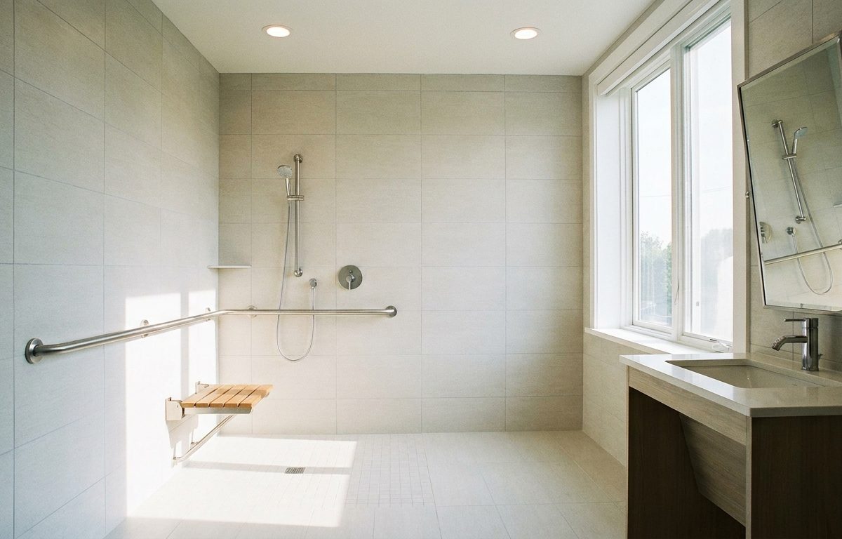 Salle de bain accessible senior, douche de plain-pied avec barre d'appui et siège, carrelage clair, lumineuse