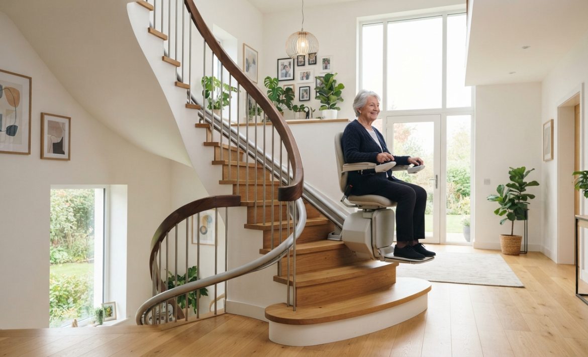 Monte-escalier moderne sur un escalier tournant, maison lumineuse