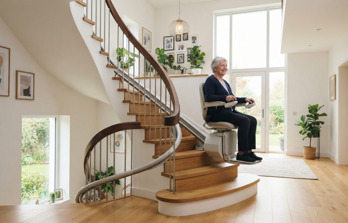 Monte-escalier moderne sur un escalier tournant, maison lumineuse