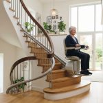 Monte-escalier moderne sur un escalier tournant, maison lumineuse