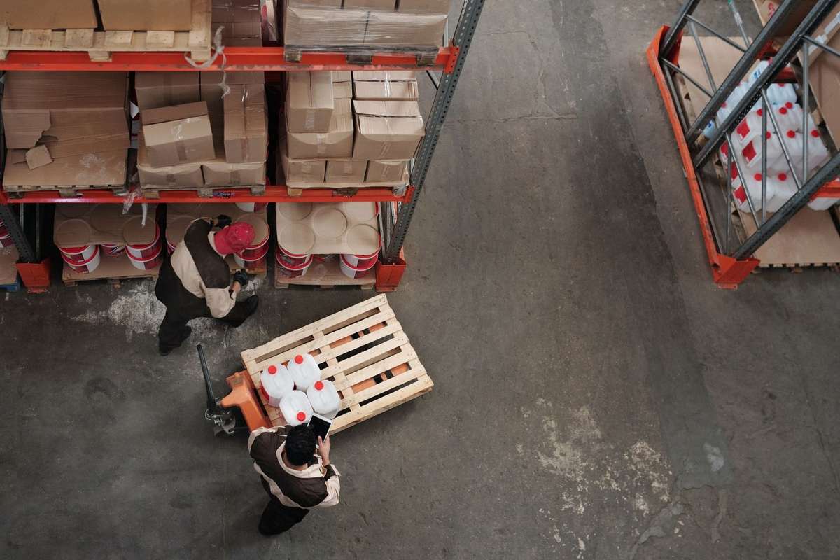 Employés d'entrepôt avec chariots et palettes, manipulant des boîtes